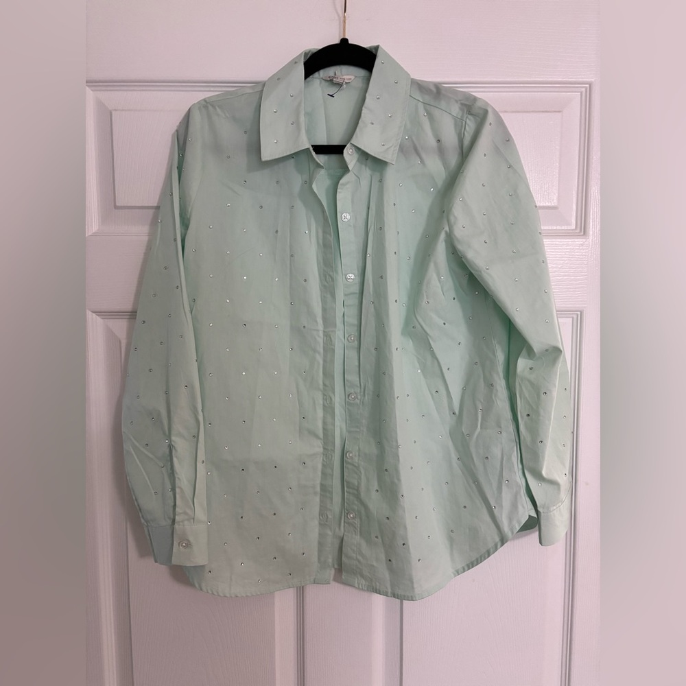 Cato Light Mint Green Button-Up Shirt with Stud Embellishments